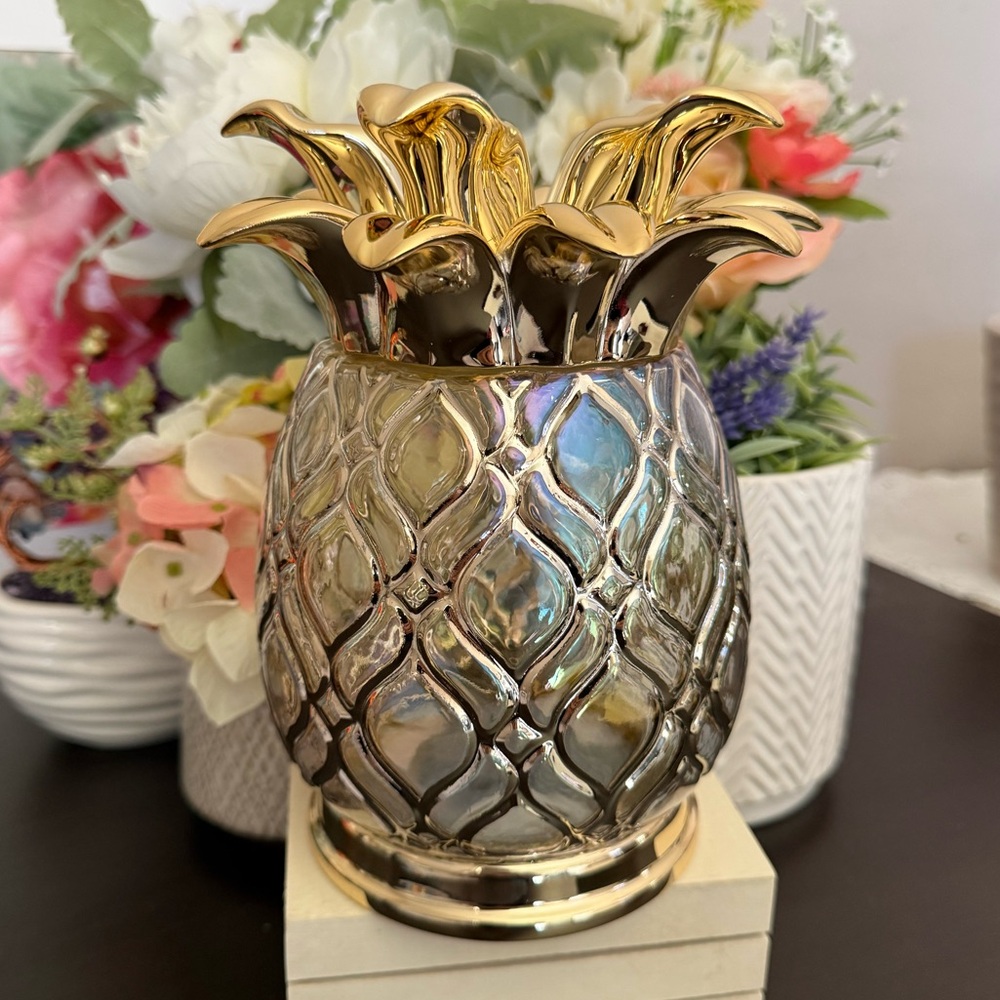 ππ BATH & BODY WORKS LIMITED EDITION GOLD GLASS PINEAPPLE 3-WICK CANDLE HOLDER - Picture 8 of 11